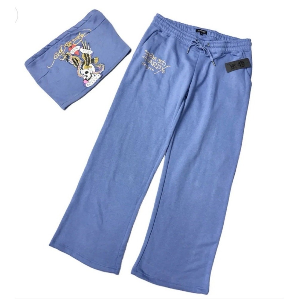 Ed Hardy NYC Pale Blue Tube Top & Flared Pants Set Women's Y2K Tattoo Size L